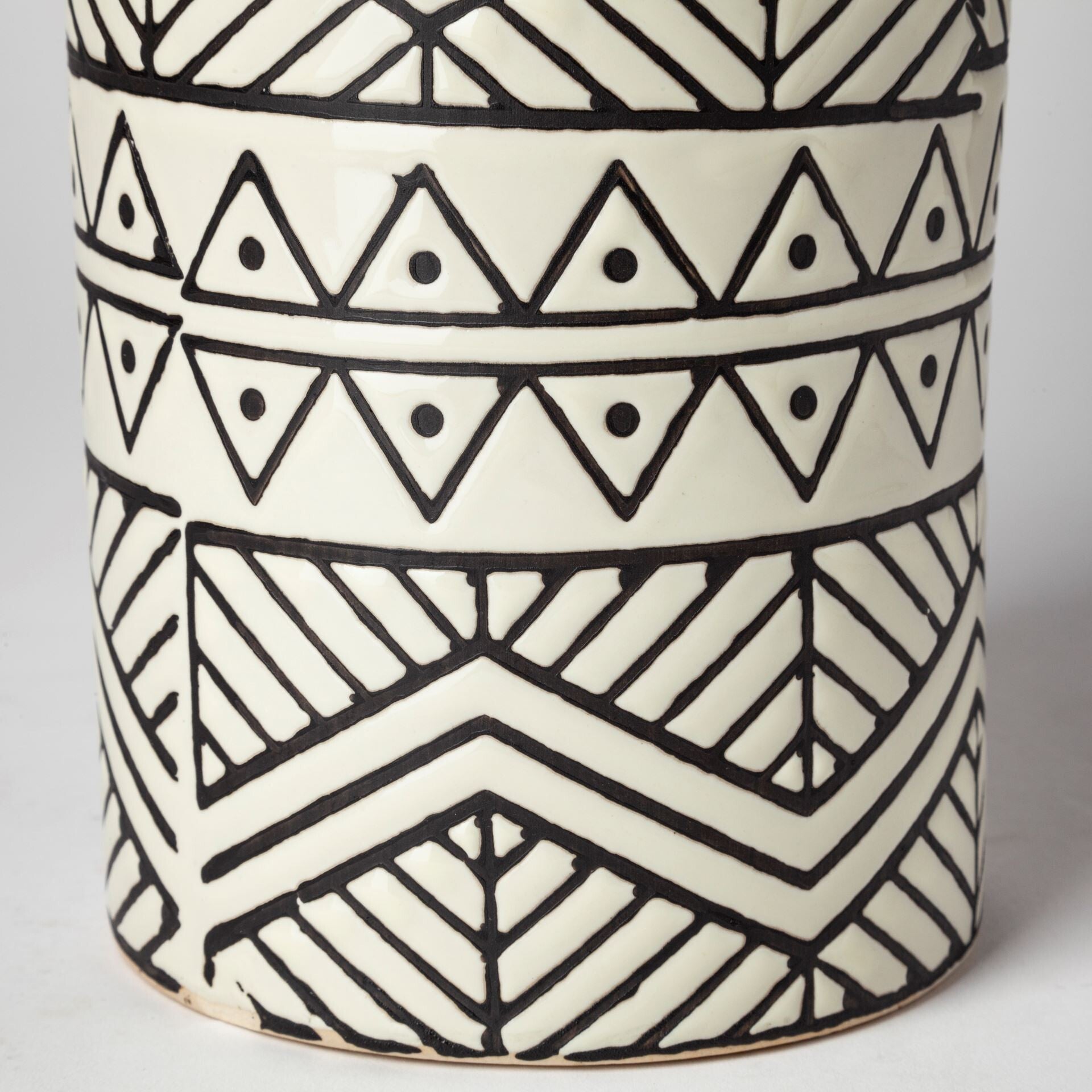 Tribal pattern ceramic vase displaying modern bohemian design and sophisticated color scheme
