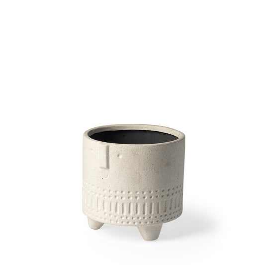 7-inch bohemian beige ceramic vase with carved happy smiling face, whimsical tribal planter for succulents and boho home decor
