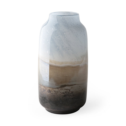 15 inch ocean wave ombre glass urn vase with blue brown beige bubble pattern, contemporary coastal home decor
