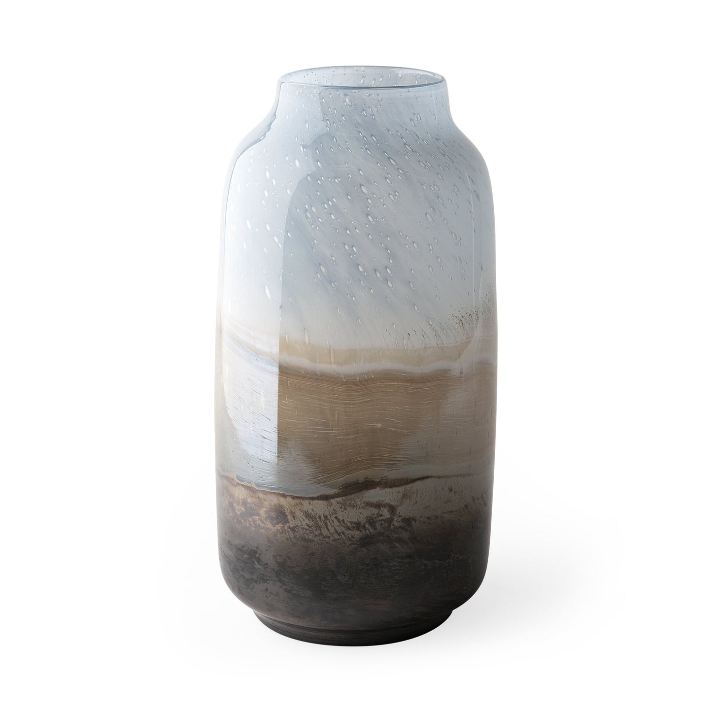 Crystal glass urn vase side view showing unique ocean wave pattern in blue brown beige ombre colors
