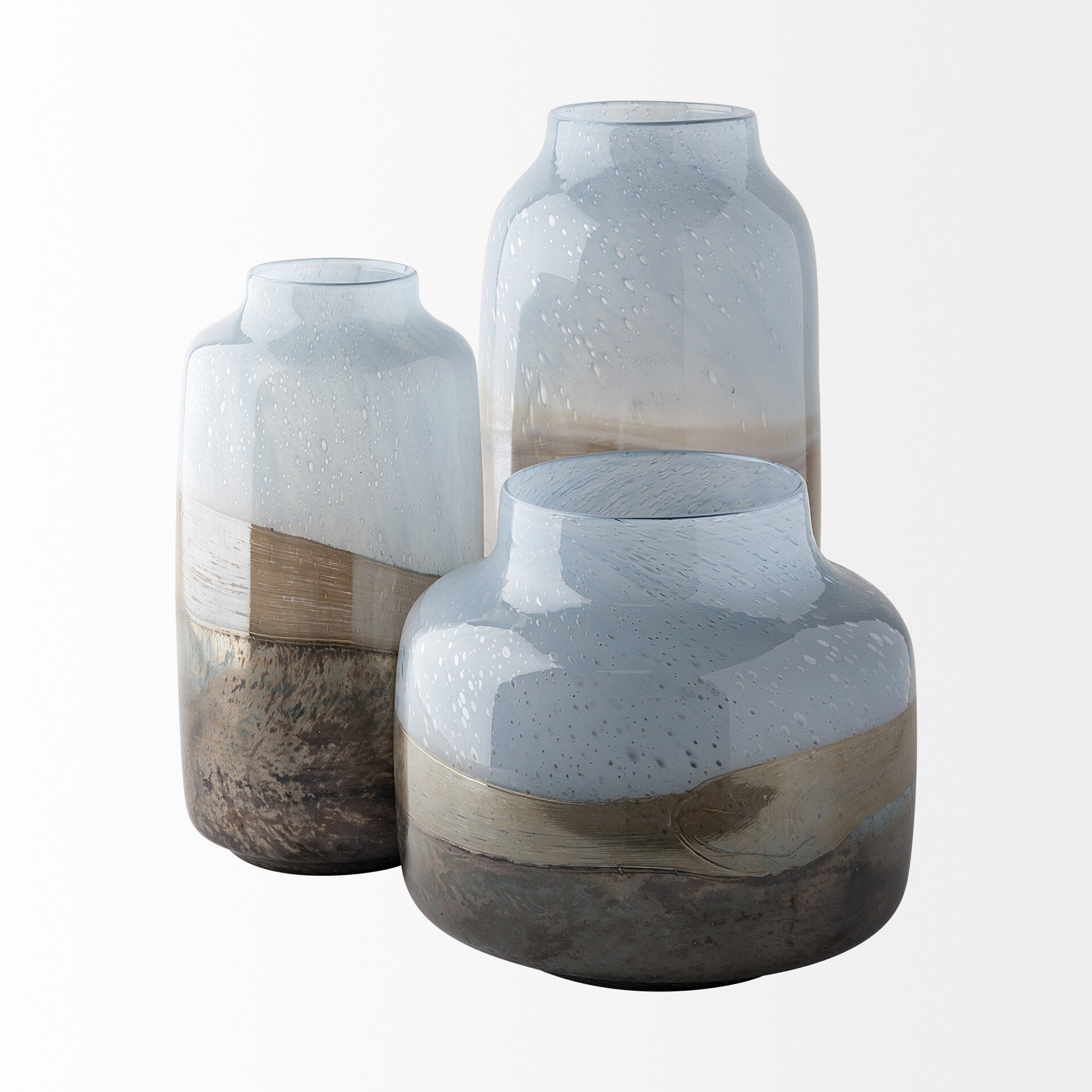 15 inch urn shaped glass vase showing narrow top and base with ocean wave ombre design
