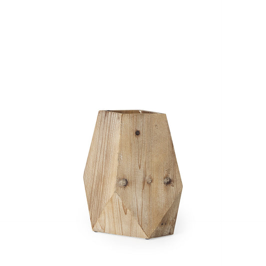 Beautiful 11-inch natural wood geometric vase crafted from solid wood with natural stain finish showcasing unique wood grain, perfect rustic farmhouse or modern home decor
