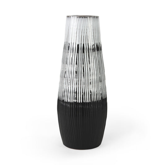Elegant 19-inch tall black white and gray ceramic vase with textured striped pattern, featuring pod shape design with narrow base and top, perfect statement piece for modern home decor
