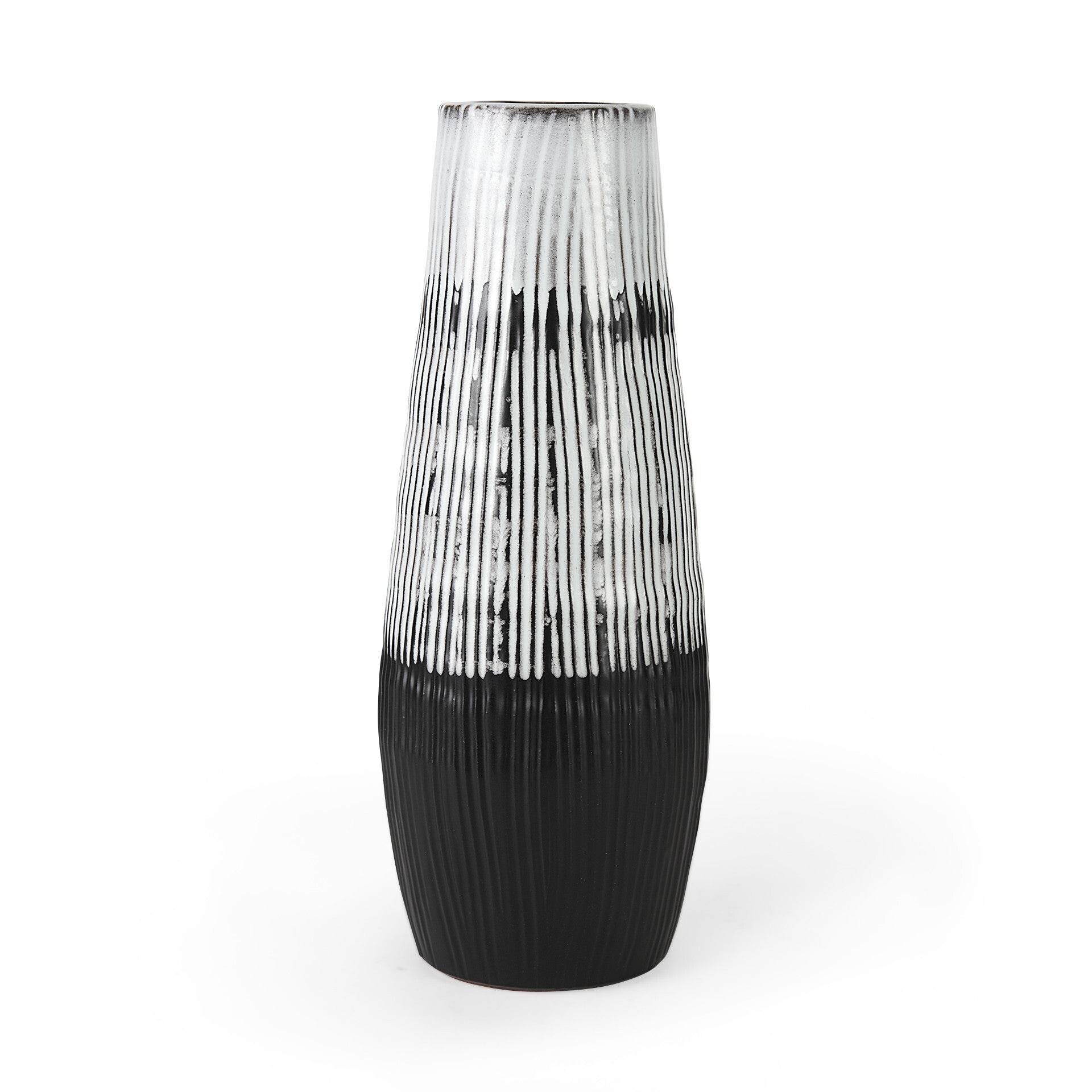 Front view of contemporary ceramic vase showing black glazed bottom third transitioning to white with raised textured stripes and black edge details, ideal for tall floral arrangements
