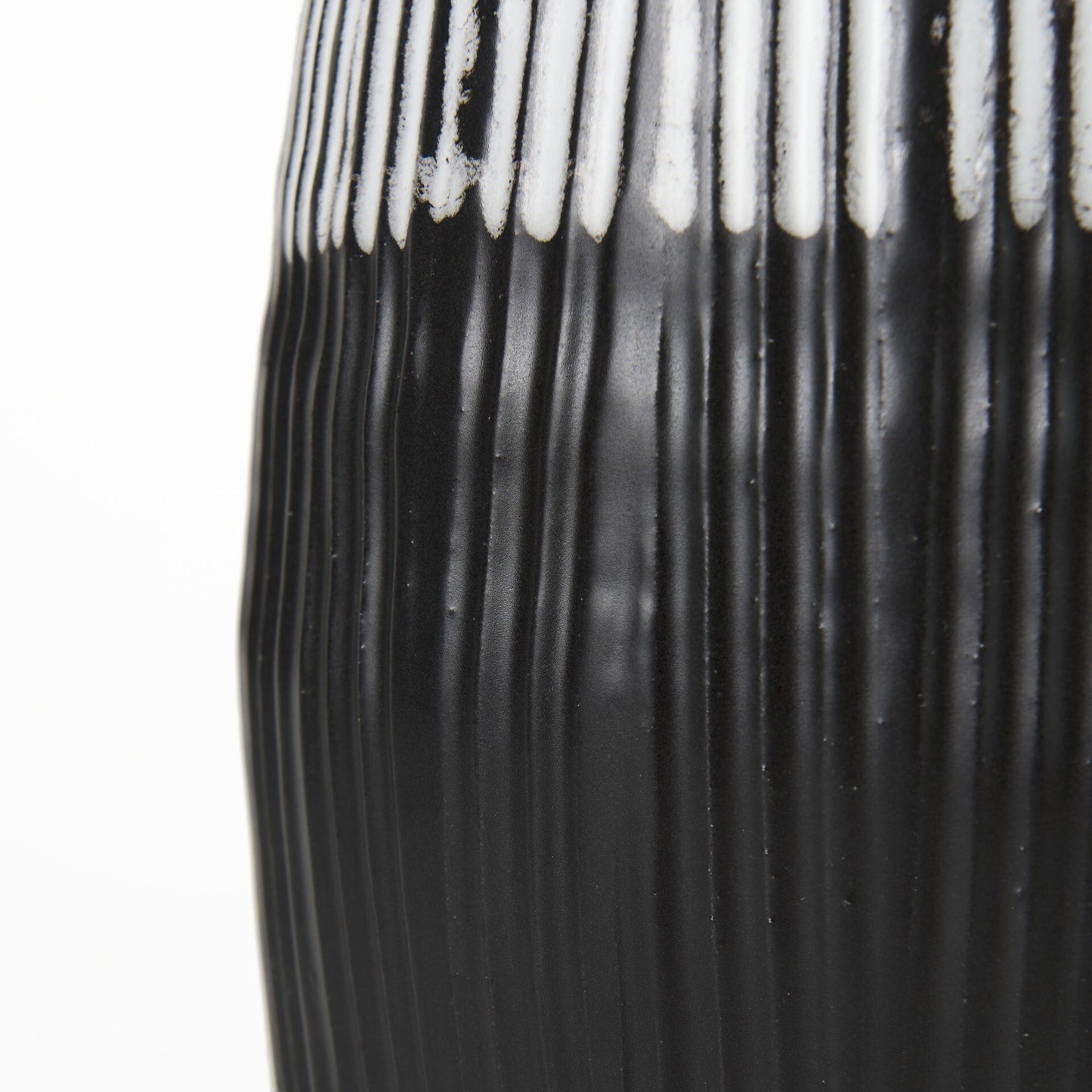 Full view of modern patterned ceramic vase displaying complete design from black glazed base to textured white top with gray striped details, versatile decorative accent
