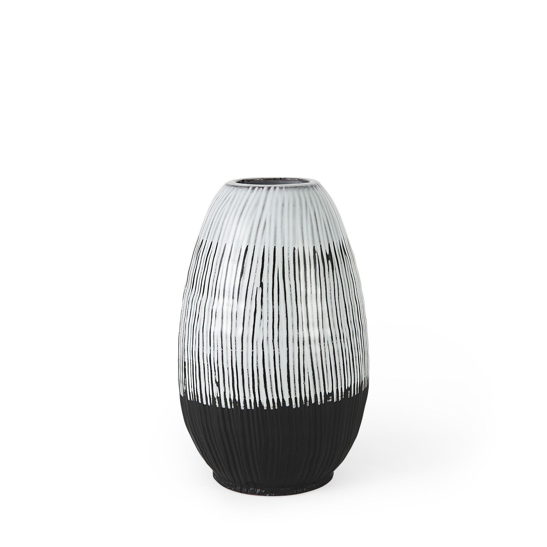 13 inch black white gray striped ceramic vase with textured pattern and unique pod shape for contemporary home decor

