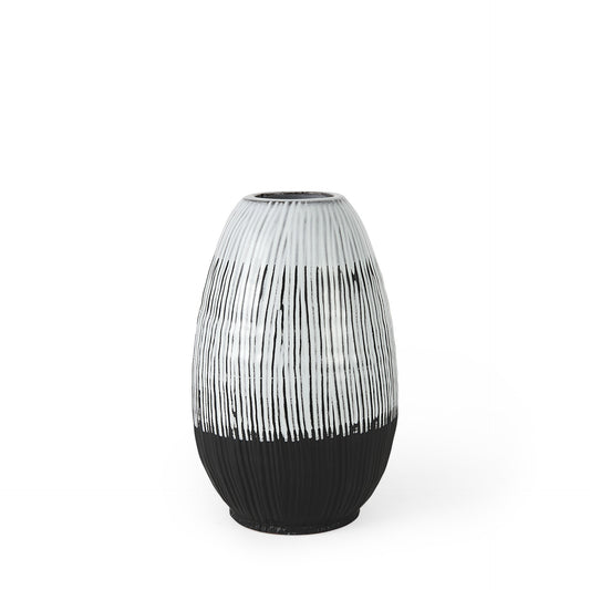 13 inch black white gray striped ceramic vase with textured pattern and unique pod shape for contemporary home decor
