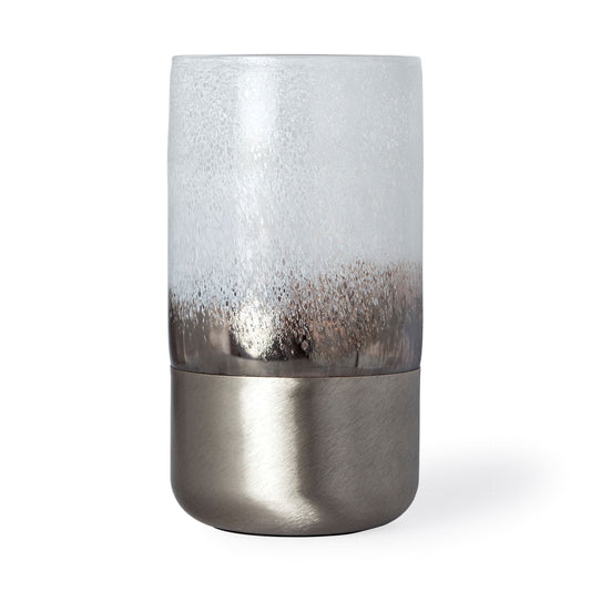12 inch brushed silver glass vase with frosted finish and metal base, contemporary cylinder table decor
