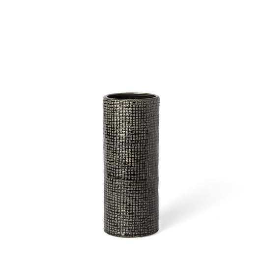 10 inch black and gold check ceramic vase with elegant checkered pattern, modern glam table decor piece
