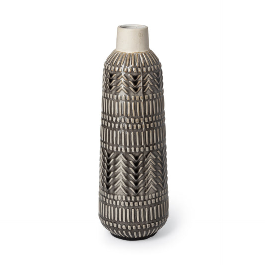 14 inch black and cream organic glaze chevron embossed ceramic vase modern two-tone textured vase
