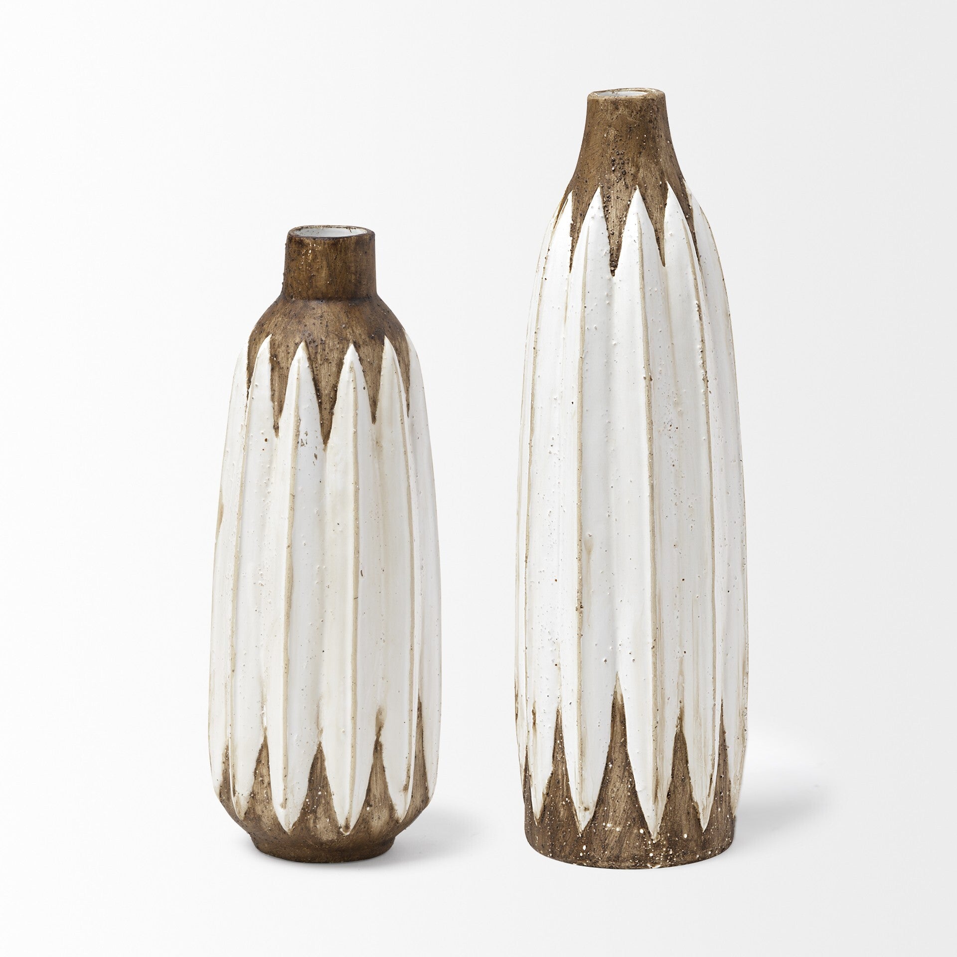 Side view of farmhouse ceramic vase showing two-tone distressed brown flowing into white finish, artisan pottery design
