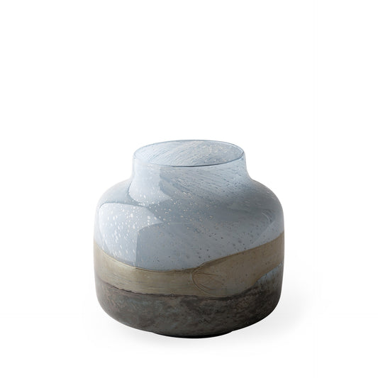 9 inch blue and brown ocean colored bubble glass rounded square vase coastal art glass with unique texture

