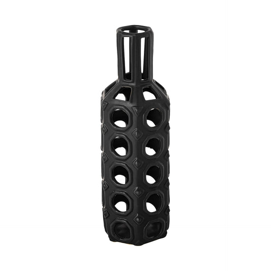 12 inch black ceramic pierced geometric cylinder table vase modern decorative centerpiece with unique cutout pattern
