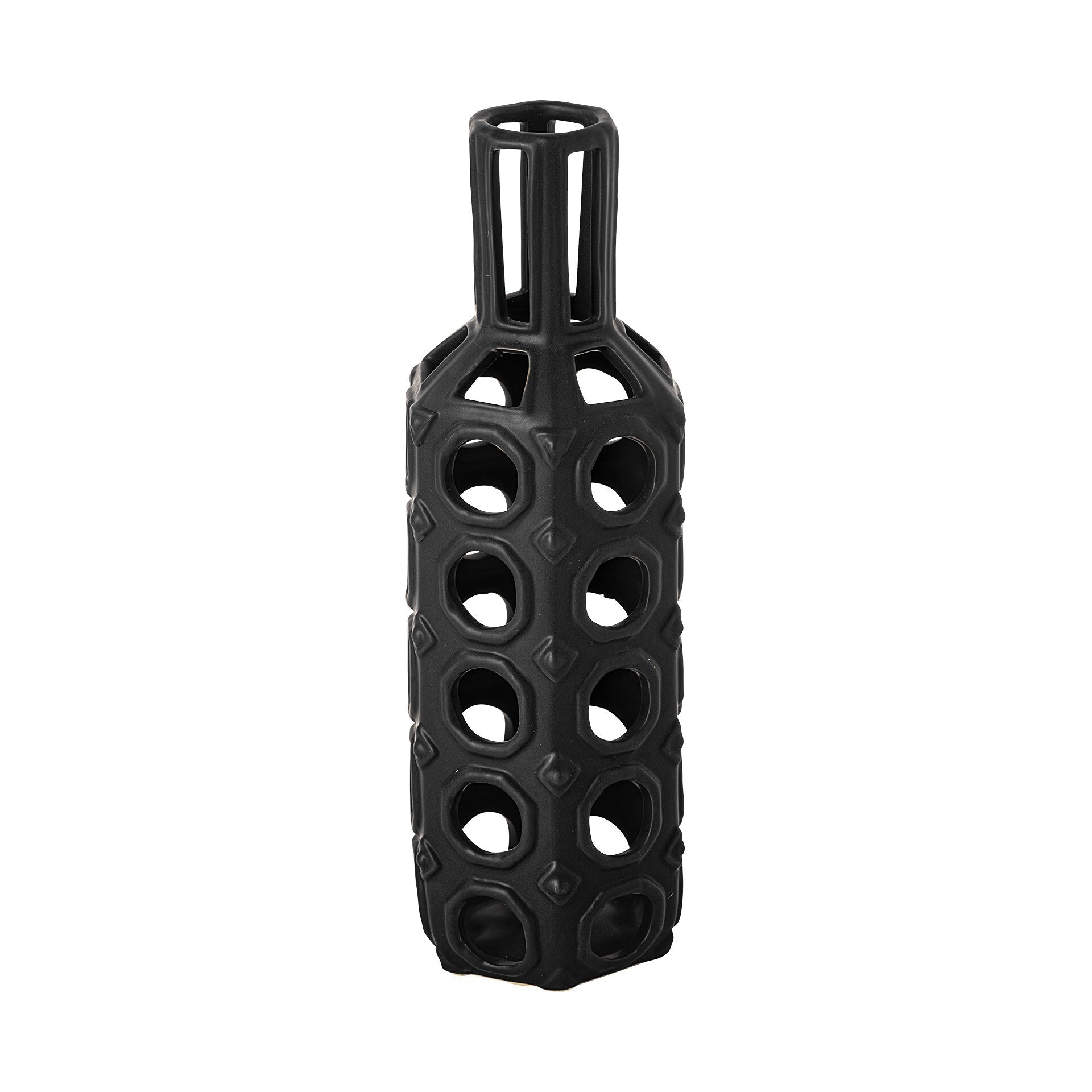 Black geometric vase ceramic 12 inch tall cylinder close-up showing intricate pierced design and matte finish
