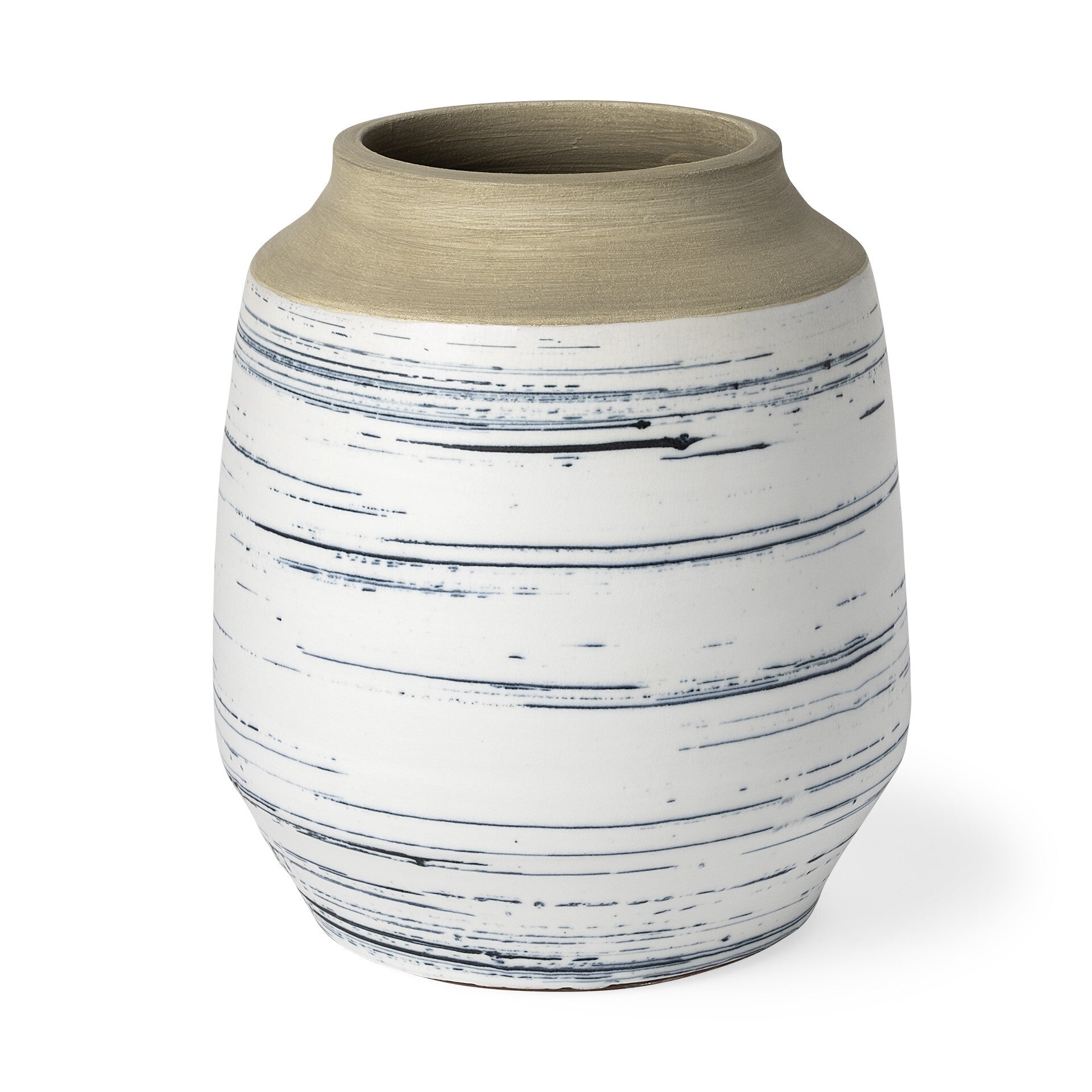 10 inch blue white and sand coastal ceramic vase with light brown glaze top and sparse blue stripes on white body for organic earthy table decor
