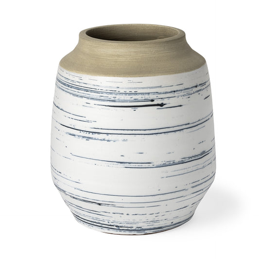 10 inch blue white and sand coastal ceramic vase with light brown glaze top and sparse blue stripes on white body for organic earthy table decor
