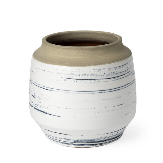 9 inch white blue sand abstract cylinder ceramic vase with coastal design, modern contemporary table decor

