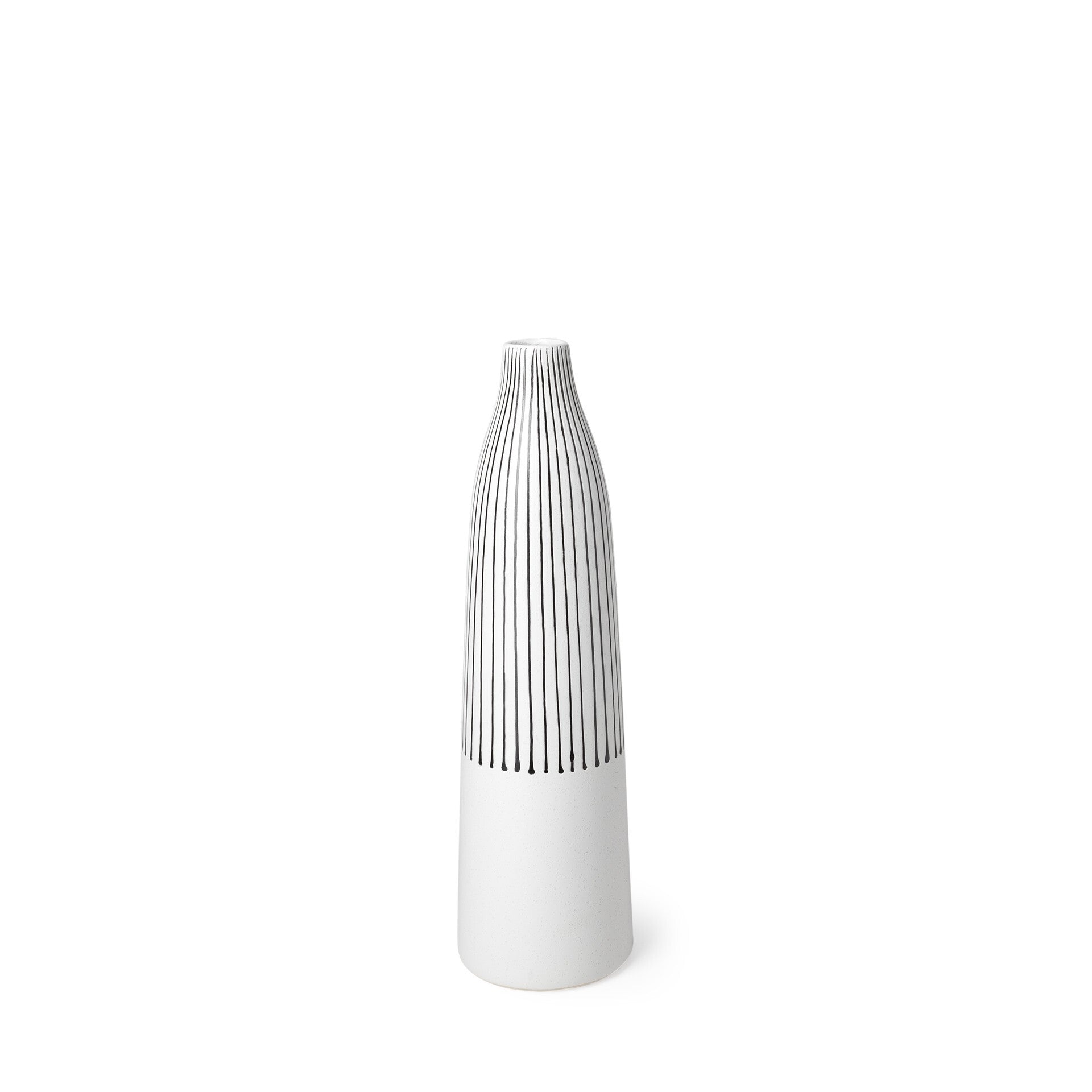 Close-up of black and white vertical pinstripe pattern on elegant ceramic vase, showing smooth glazed finish
