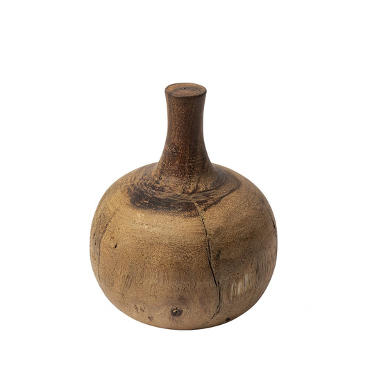 8 inch vase shaped wooden decor piece in natural solid wood with light brown finish showing grain texture
