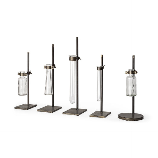 Set of 5 test tube vases with metal bases modern bud vase set with industrial design
