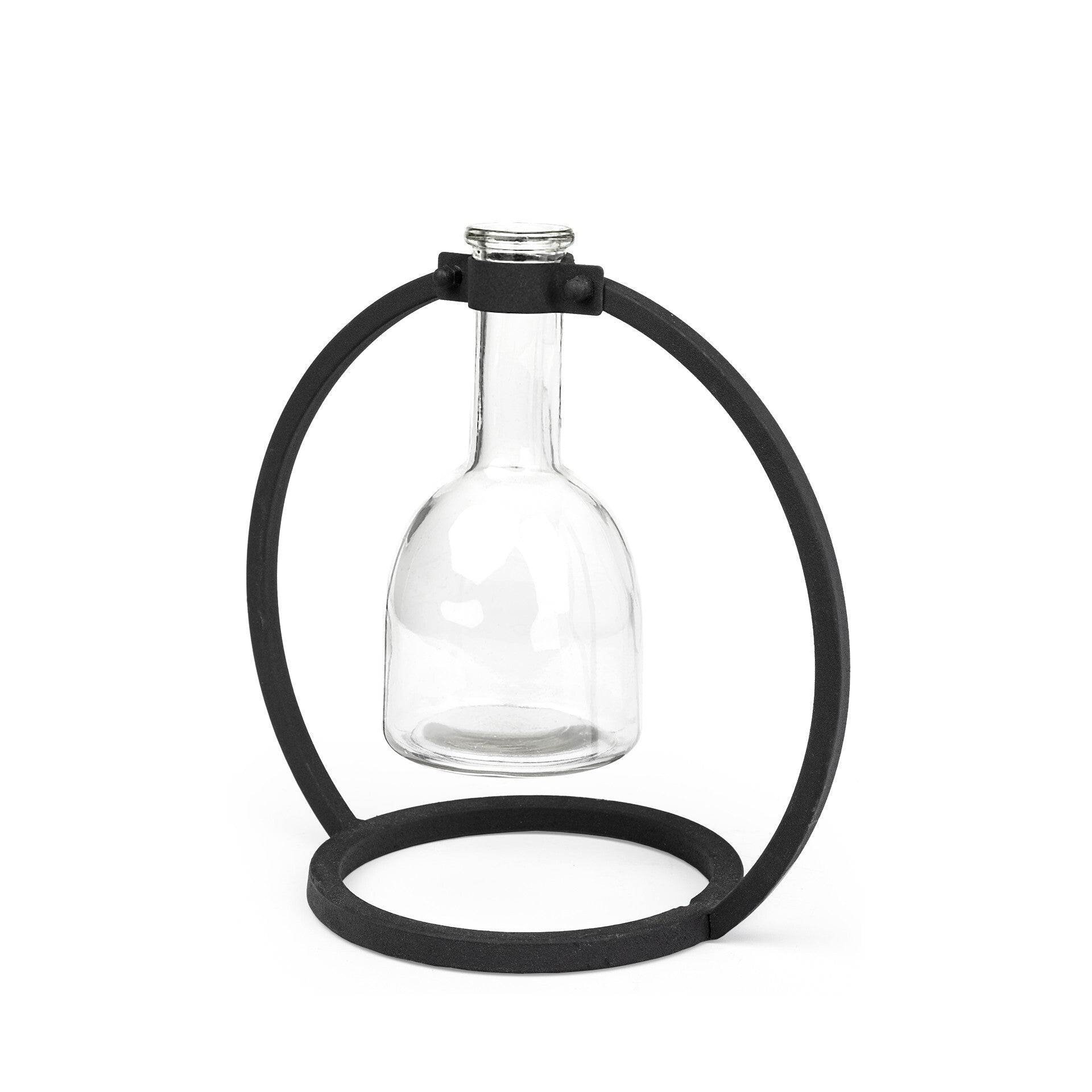 8 inch clear glass cylinder vase with black metal abstract accents, modern contemporary table decor piece
