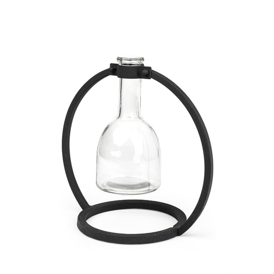 8 inch clear glass cylinder vase with black metal abstract accents, modern contemporary table decor piece
