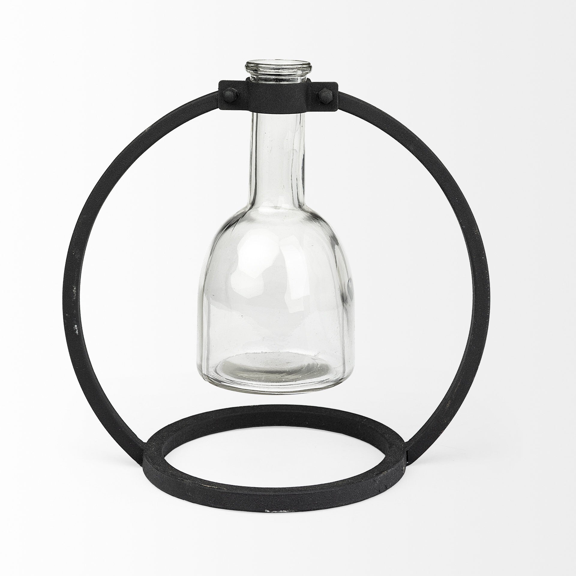 Modern cylinder glass vase with black metal framework, 8 inch contemporary table centerpiece
