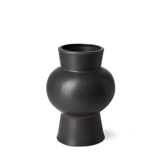 Modern 11-inch matte black ceramic vase with unique geometric design featuring conical base and circular body, semi-matte finish perfect for contemporary home decor and floral arrangements
