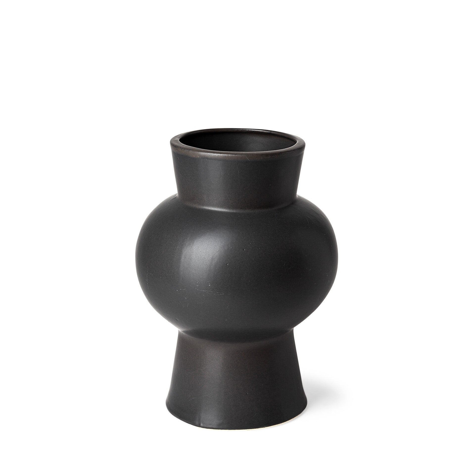 Front view of matte black contemporary ceramic vase showcasing three-tier architectural design with clean lines and sophisticated minimalist aesthetic
