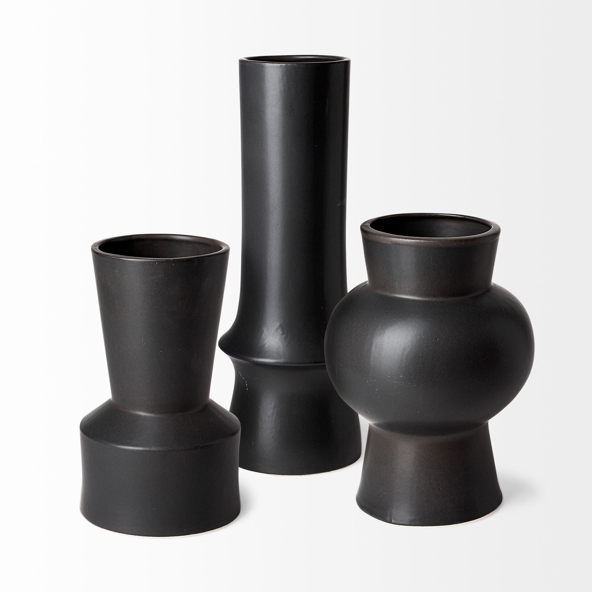 Modern black ceramic vase 17 inch tall side view displaying contemporary Art Deco aesthetic
