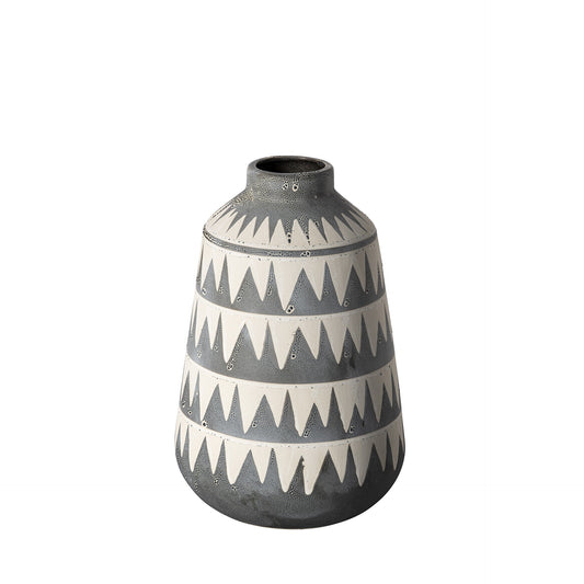 10 inch gray and ivory triangle pattern ceramic vase with geometric zigzag design, modern table decor with dark interior

