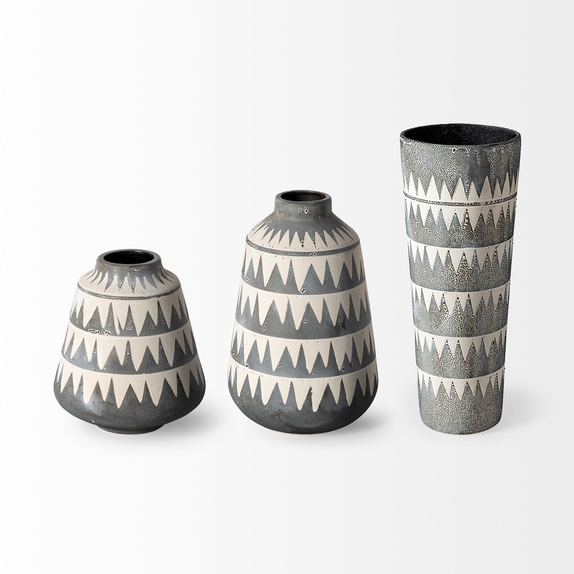 10 inch ceramic vase with gray ivory pattern showing dark interior perfect for flower contrast
