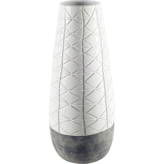 21 Inch White and Dark Clay Carved Ceramic Floor Vase - Front View Showing Geometric Pattern Perfect for Modern Contemporary Home Decor

