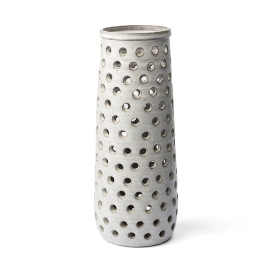 19-inch organic white ceramic floor vase with intricate pierced dot pattern, modern textured statement decor

