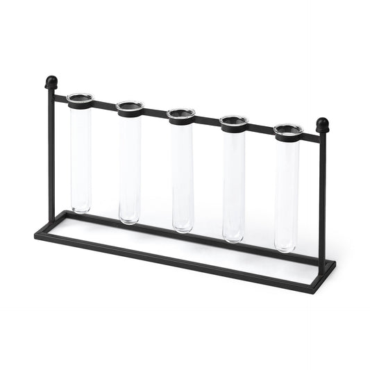 Black metal five test tube vase with glass tubes, modern scientific industrial design for minimalist contemporary home decor
