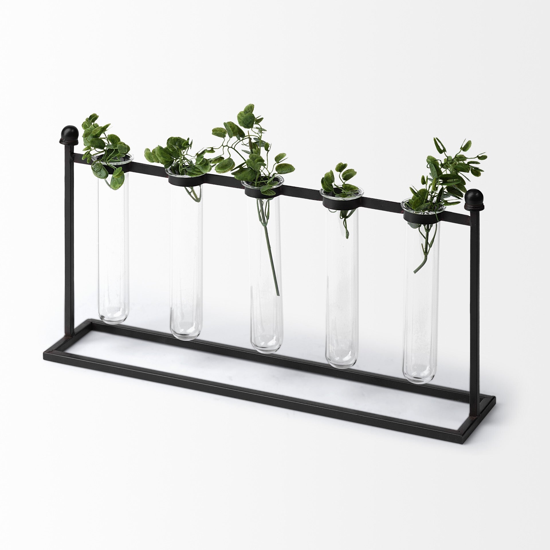 Detail of glass test tubes in black metal bracket, modern minimalist vase for single stem flower displays
