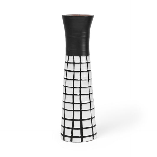 17 Inch Black and White Modern Grid Ceramic Vase - Front View Showing Bold Geometric Pattern Perfect for Contemporary Home Decor