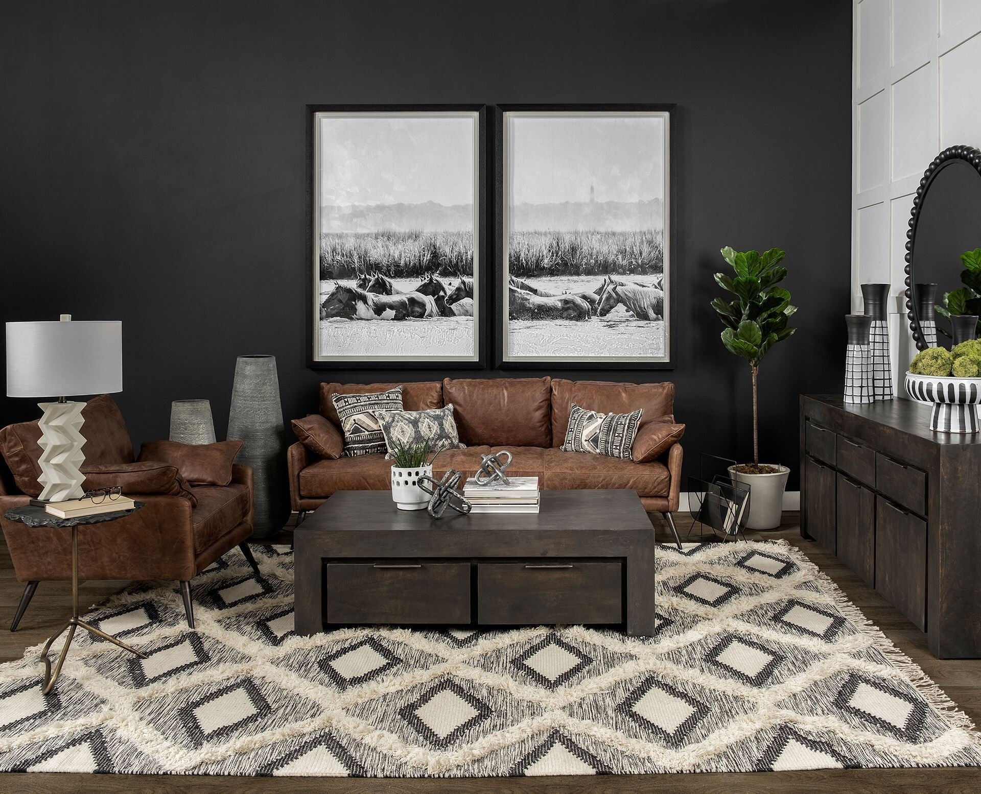 Contemporary Ceramic Vase - Lifestyle Setting Showing How 17 Inch Black White Grid Vase Enhances Modern Interior Design