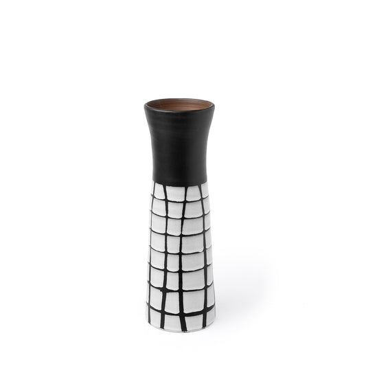 24 inch tall black and white modern ceramic vase with geometric grid pattern, contemporary floor vase for statement home decor
