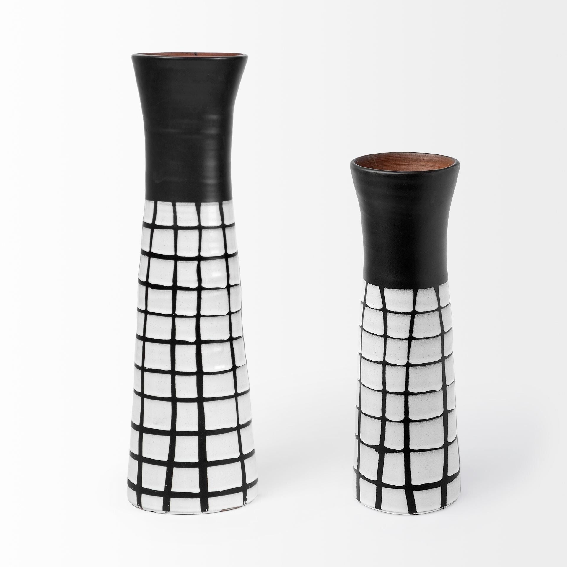 Side view of 24 inch modern grid ceramic vase displaying full height and elegant pepper grinder inspired silhouette shape
