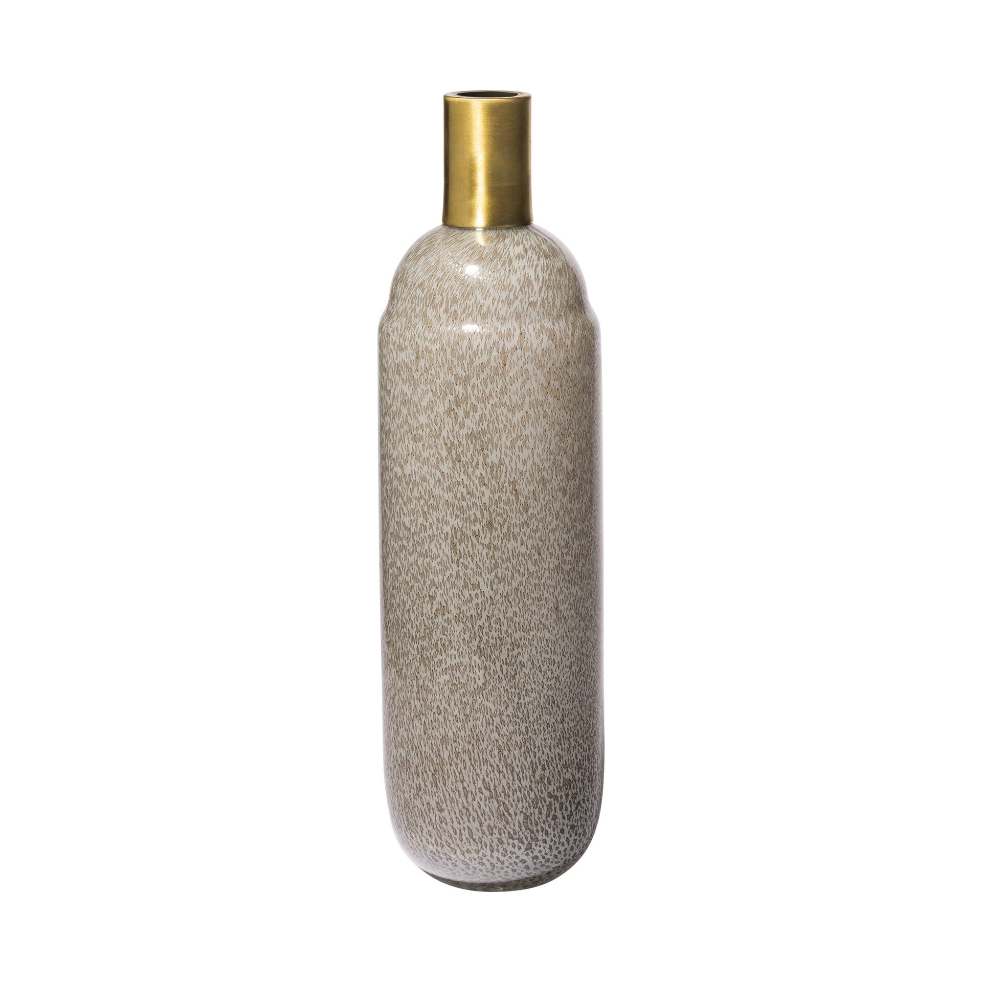 15 inch cream brown and gold glass vase with speckled finish and gold rim, elegant crystal cylinder table decor
