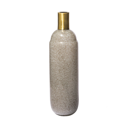 15 inch cream brown and gold glass vase with speckled finish and gold rim, elegant crystal cylinder table decor
