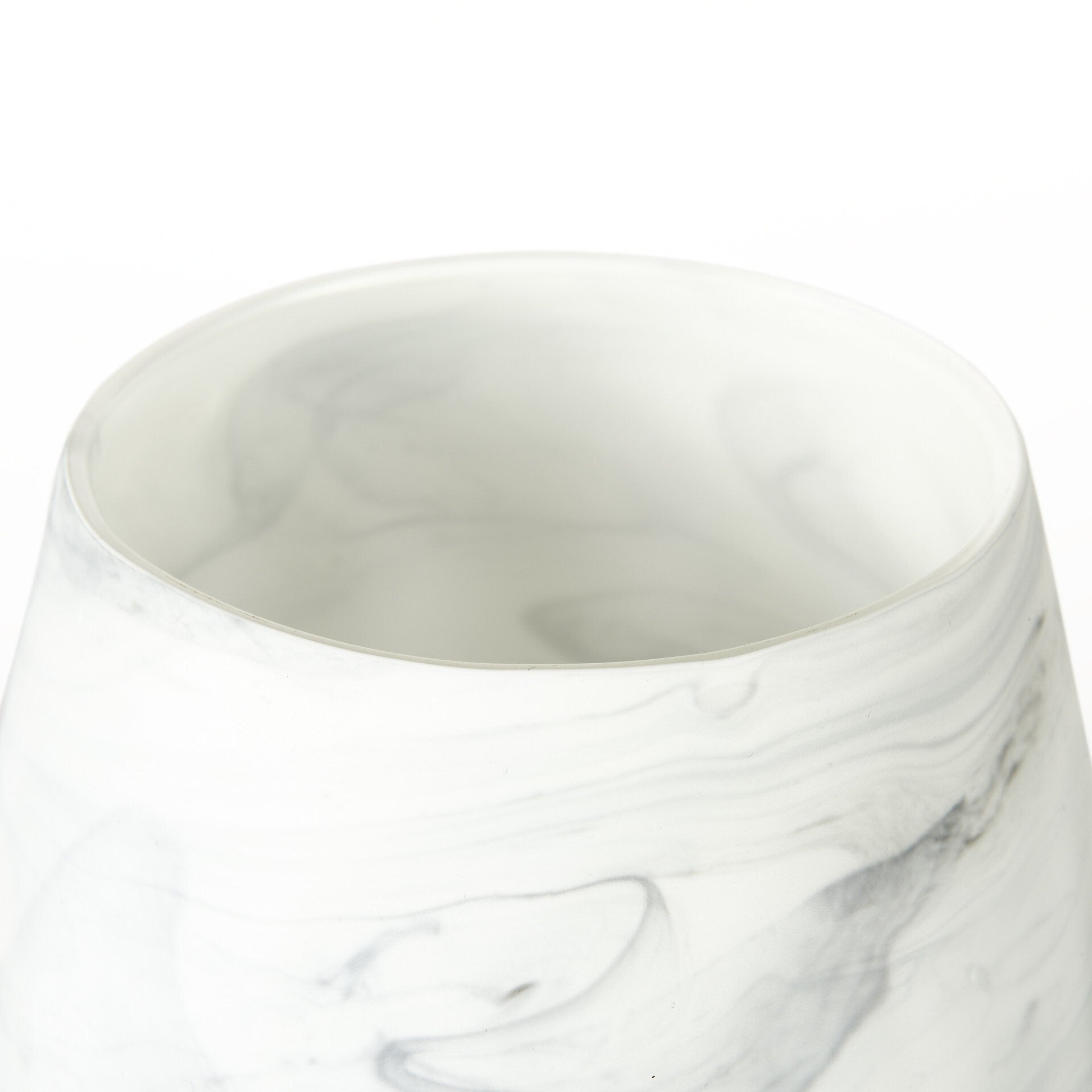 Three-quarter angle of gray cream marble glass vase highlighting the depth and dimension of the abstract pattern in premium crystal glass
