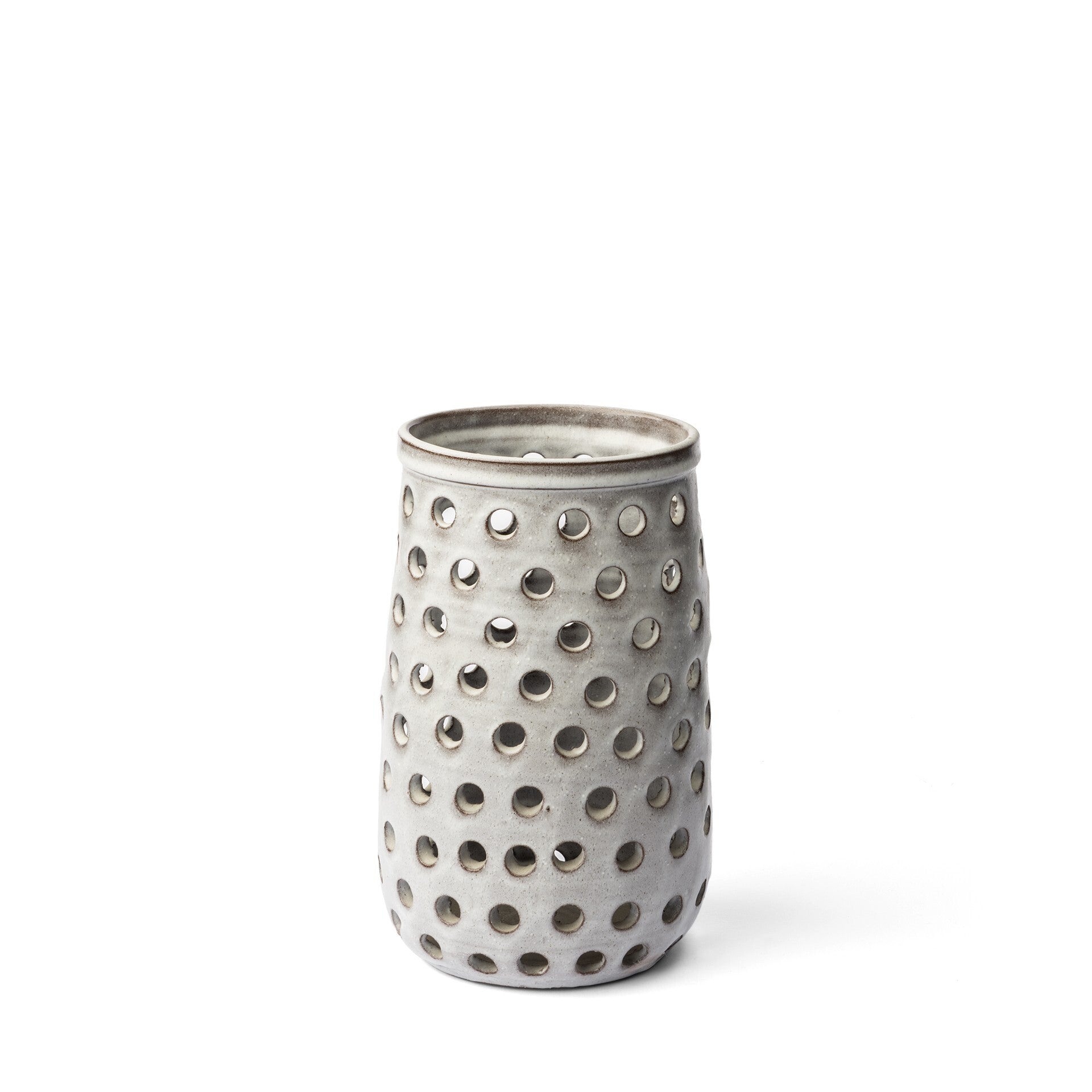 Elegant 12-inch white ceramic vase with organic translucent glaze and pierced dot pattern, featuring tall cylindrical shape with rounded base, perfect artisan home decor piece
