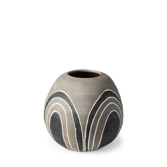 10 inch brown gray and white arches round ceramic vase with contemporary bowl design and circular patterns

