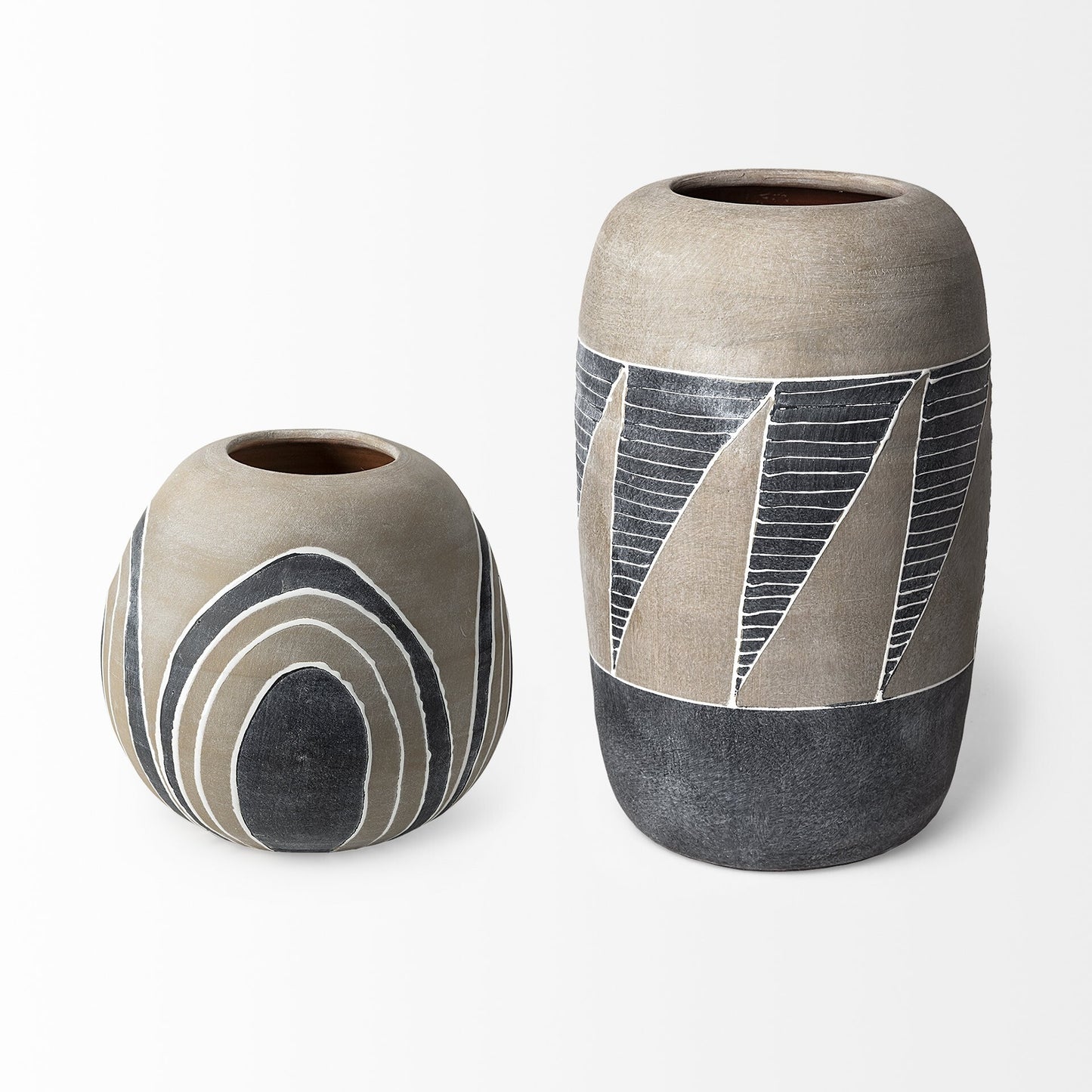 Close-up of charcoal gray white and brown circular pattern on contemporary ceramic bowl vase

