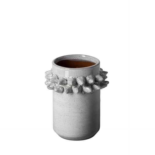 7 inch organic style whitewash spikely ceramic vase with unique 3D spoke design and speckled glaze
