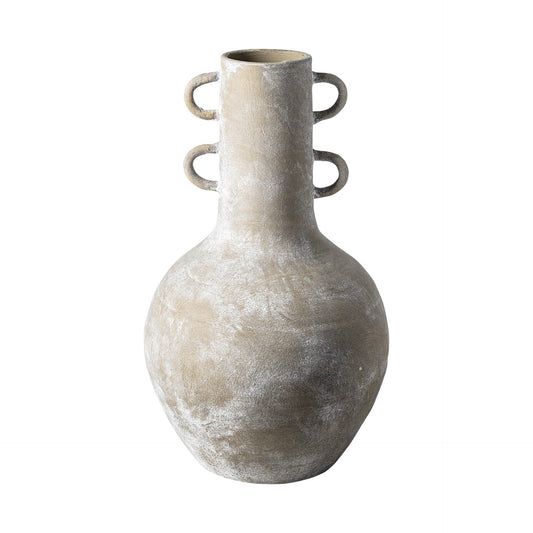 19 inch rustic whitewash brown double handle ceramic vase with distressed finish and farmhouse style

