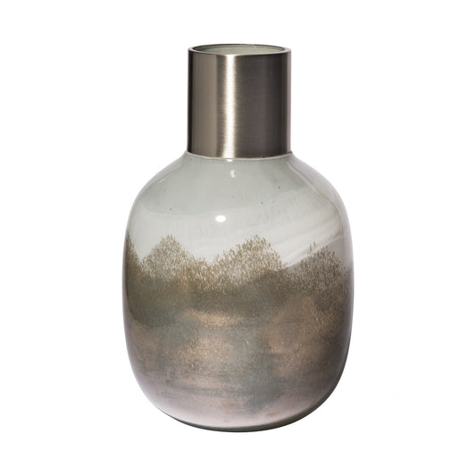 Elegant 13-inch cream and brown ombre glass vase with dark bronze metal top, featuring smooth gradient transition from rich brown base to soft cream tones, perfect for modern home decor and floral arrangements
