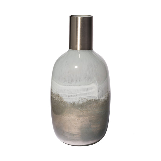 16 inch cream and brown ombre glass vase with dark bronze metal top and brushed silver finish
